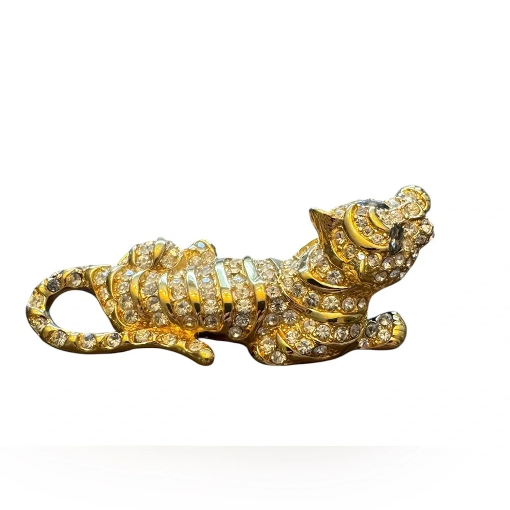 Trifari Vintage Gold and Crystal Tiger Brooch